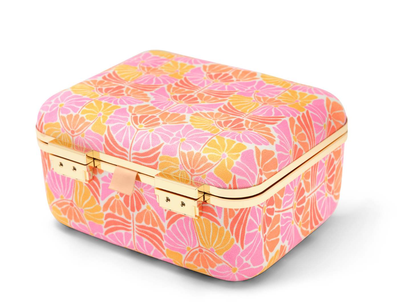 Soft exterior ultrasuede in a groovy retro orange and pink design. Gold frame combination lock allows you to set your own codes.