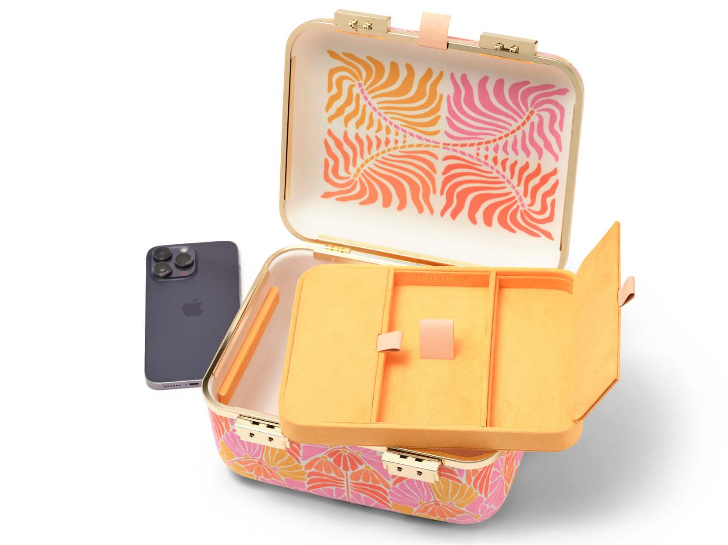 A removable tray with interior compartments keeps items organized and secure. Lined in a soft and luxurious ultrasuede with vegan leather accents.