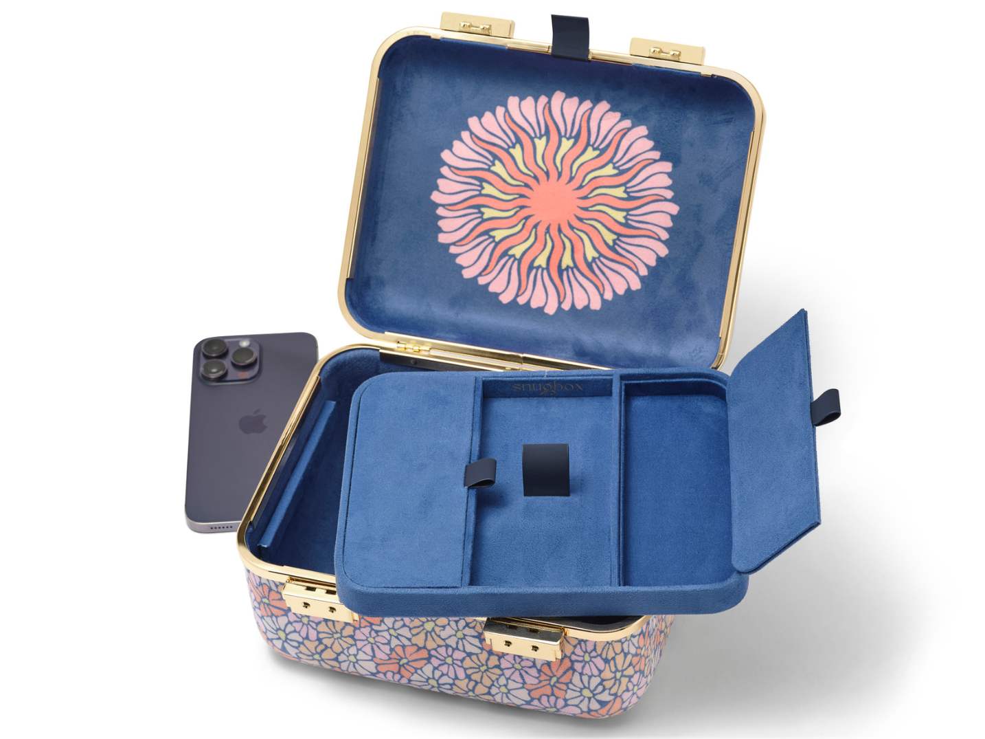 A removable interior tray keeps contents organized. Lined in navy blue ultrasuede for a luxurious soft touch.