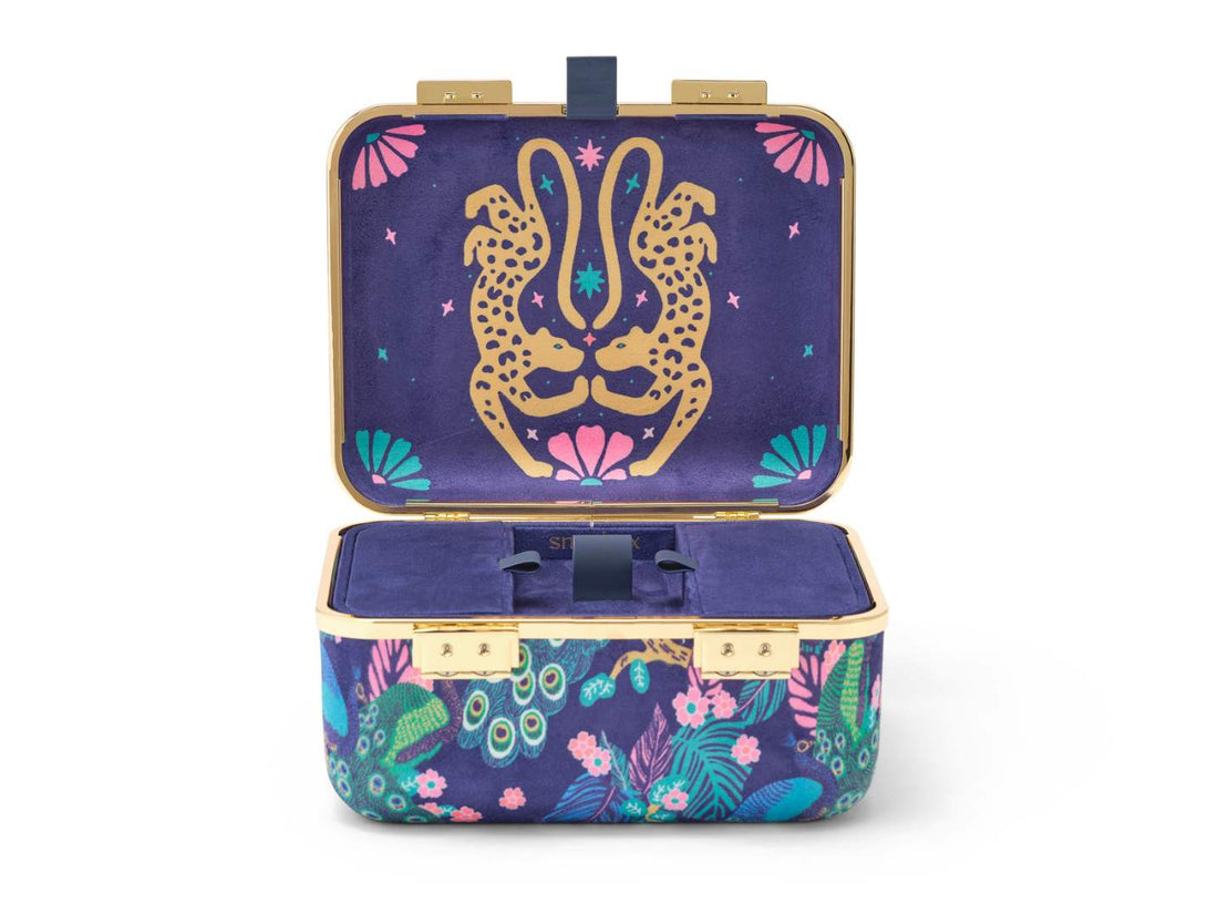 Our award-winning peacock print keyless lockbox keeps contents secure in style. Use it for safe storage for valuables and vices. 